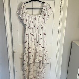 Floral Ruffle Maxi Dress in White and Purple